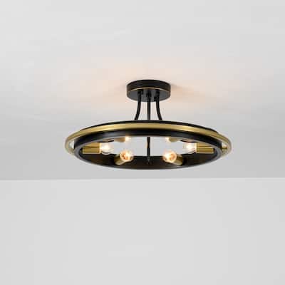 6-Light 21.7" W Industrial Mette Black & Gold Wagon-wheel Circle Ring Semi-Flush Mount Ceiling Light for Living Room, Kitchen