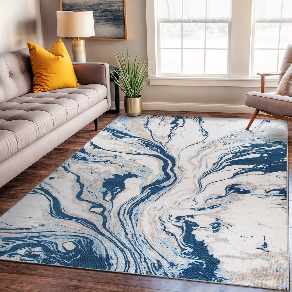 Contemporary Watercolor Wave Abstract Non Slip Area Rug