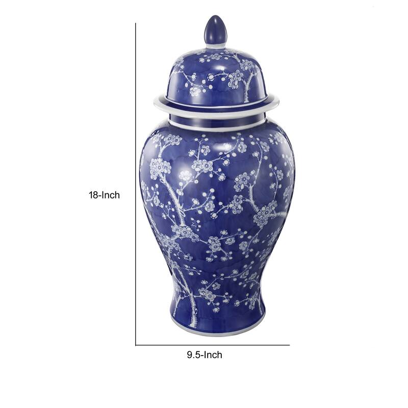 18 Inch Porcelain Ginger Jar, Finial Lid and Round Curved, Blue Flowers