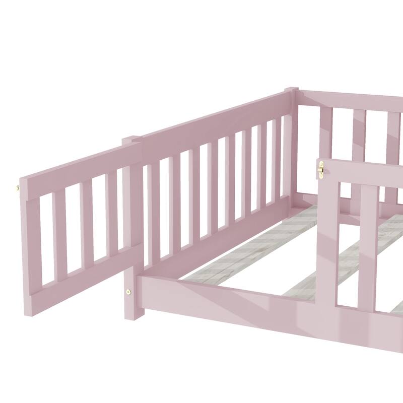 Twin Size Floor Bed with Fence and Door, Rubber Wood Floor Bed with Safety Guardrails