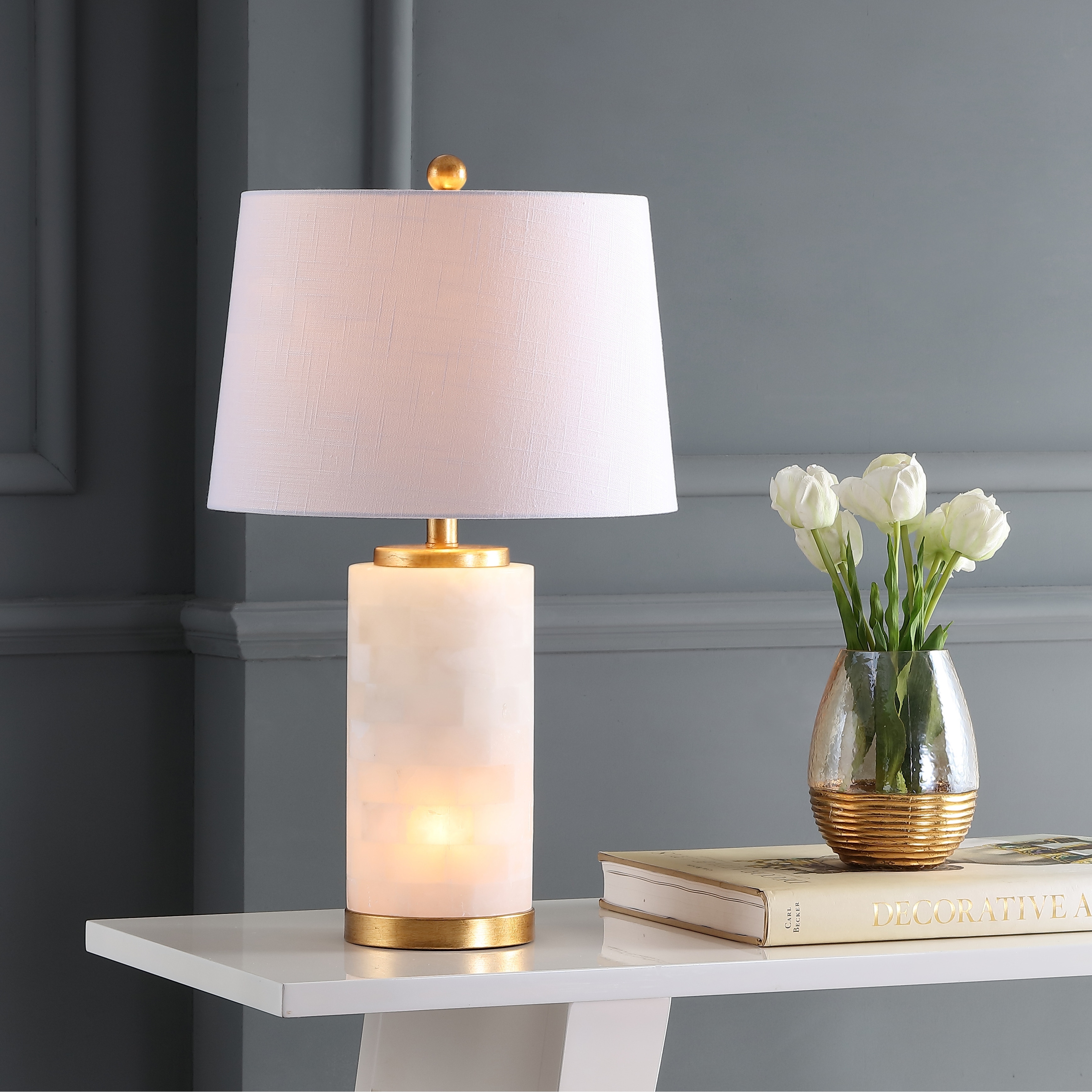 JONATHAN Y Versailles 25.5" Alabaster LED Table Lamp, White/Gold Leaf