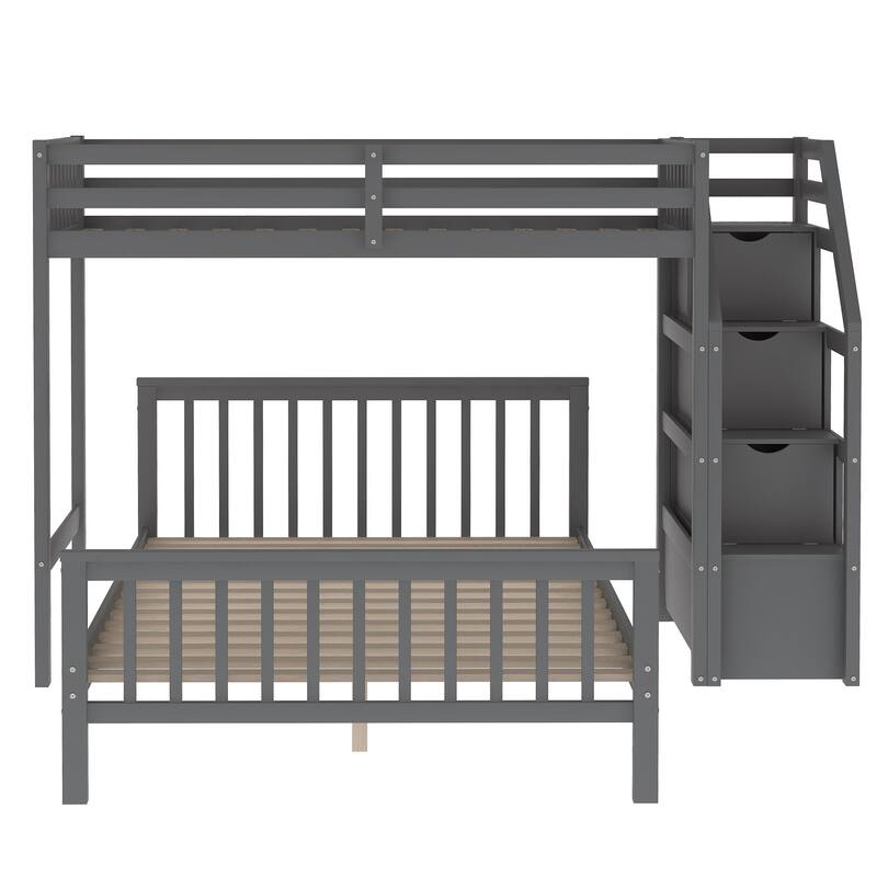 Twin over Full Loft Bed with Staircase, Gray, Storage, Pine Wood & MDF, Assembly Required