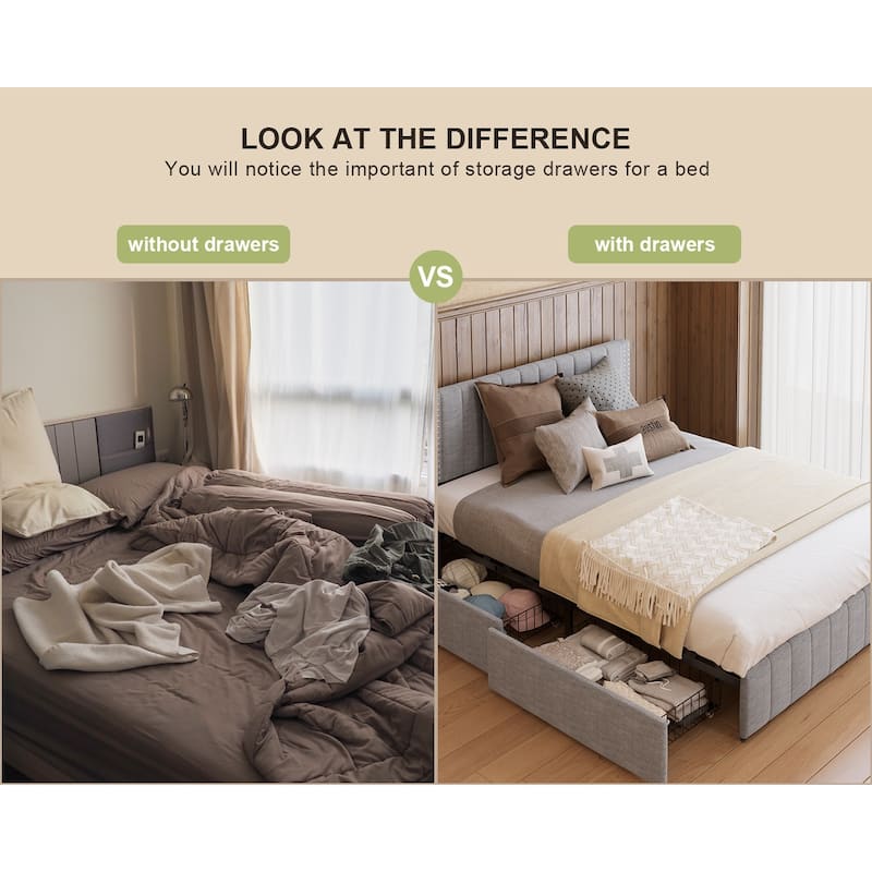 Full/ Queen Platform Bed Frame with 4 Storage Drawers Adjustable