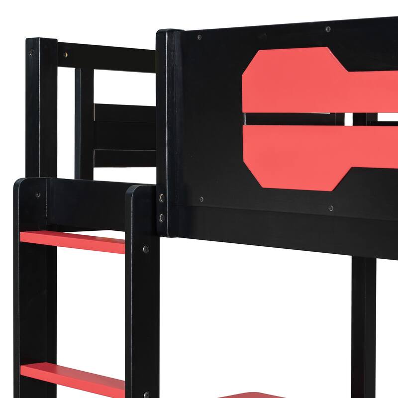 Roomfitters Twin Bunk Bed with Two Built-In Gaming Desks, USB Ports and Pegboard
