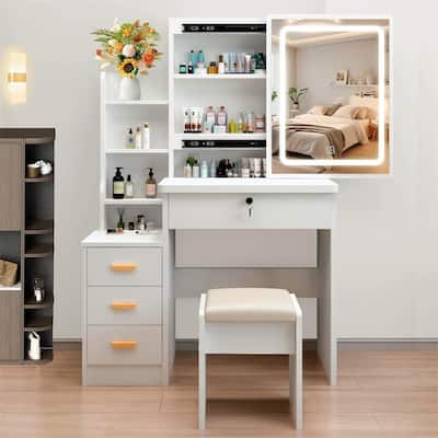 Vanity Desk with Sliding Mirror and Lights, Makeup Vanity Set with Stool, Power Outlet