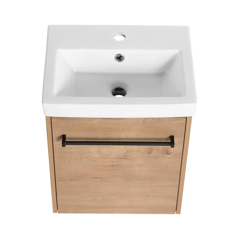 GDFStudio - Amelia 18" Floating Bathroom Vanity with Ceramic Sink and Soft-Close Cabinet, Imitative Oak Finish