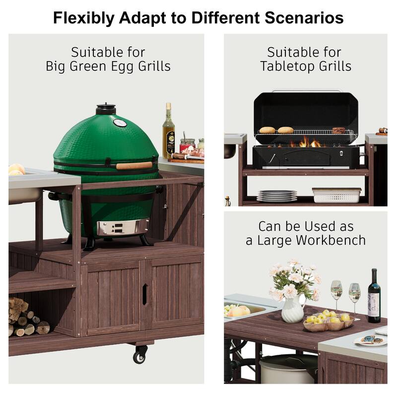 75.4"Kitchen Island Grill Cart with Sink & Stainless Steel Top, Solid Wood Rolling BBQ Cart for XL Green Egg, Pizza Prep Station