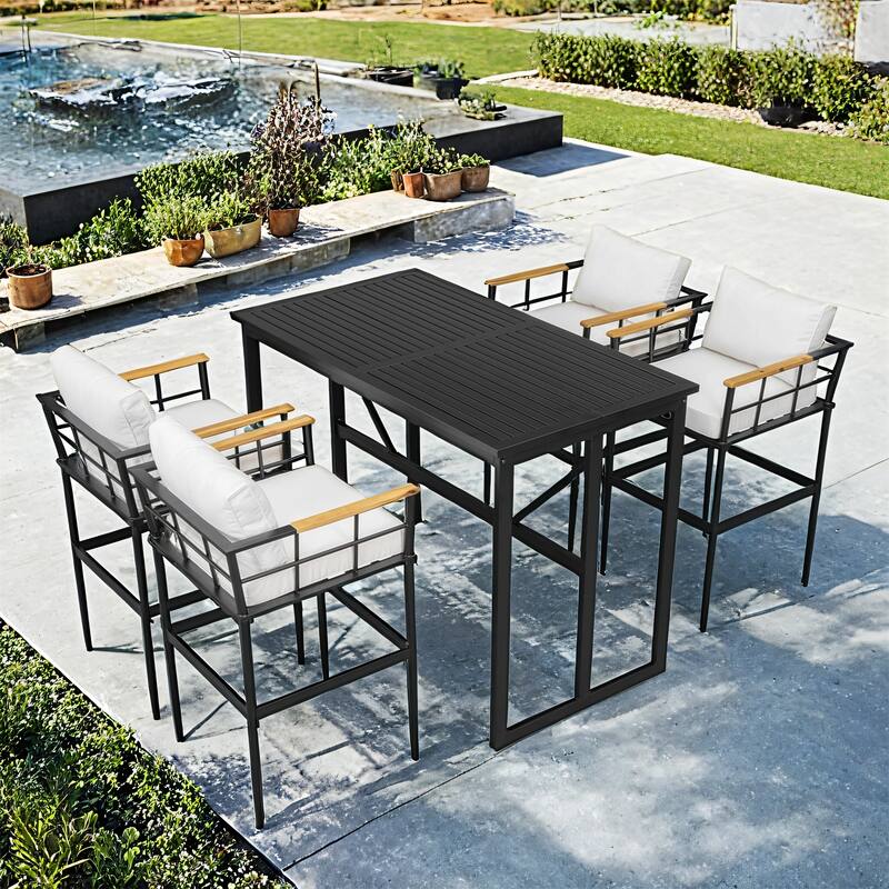 Iron Outdoor Dining Set with Acacia Wood Armrests,Perfect for Patio, Balcony, or Backyard