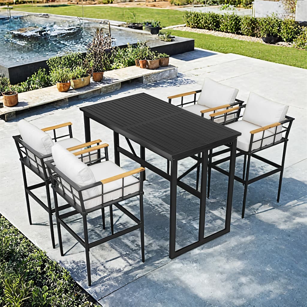 Iron Outdoor Dining Set with Acacia Wood Armrests,Perfect for Patio, Balcony, or Backyard