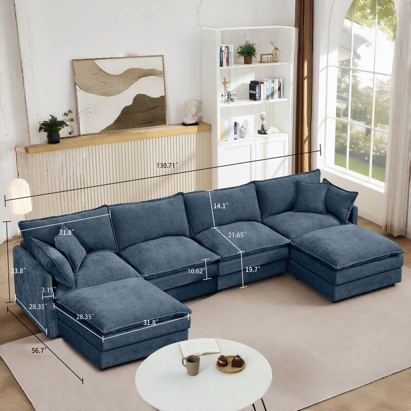 U Shaped Modular Sectional Sofa with Movable Ottoman, Comfy Chenille 4-Seater Cloud Couch, High-Resiliency Foam Deep Seat Sofa