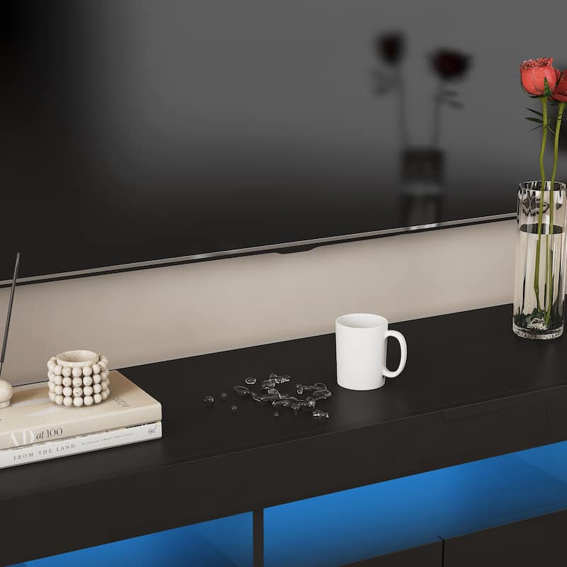Black 63" TV Stand with LED Light, Open and Hidden Storage Spaces for TVs Up to 65"