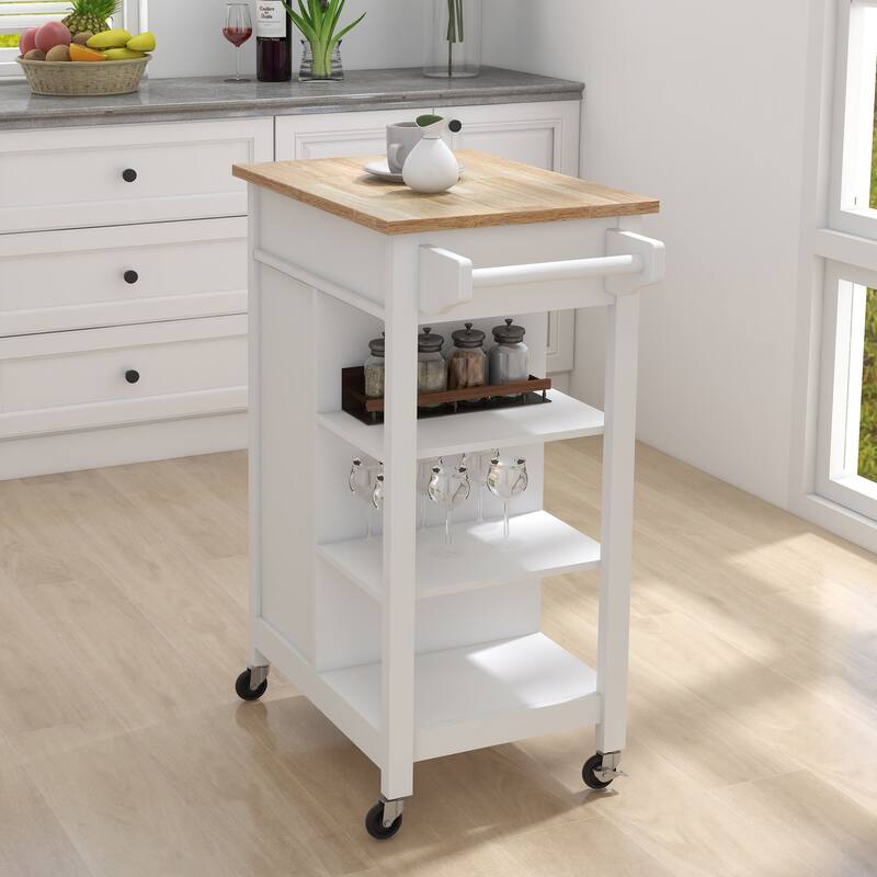 Multi-functional Kitchen Cart with Rubberwood Top, Towel Rack, and Lockable Wheels