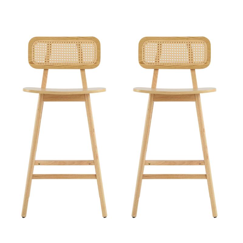 Indoor Barstool Set of 2 with Solid Wood Frame and Rattan Braided Back