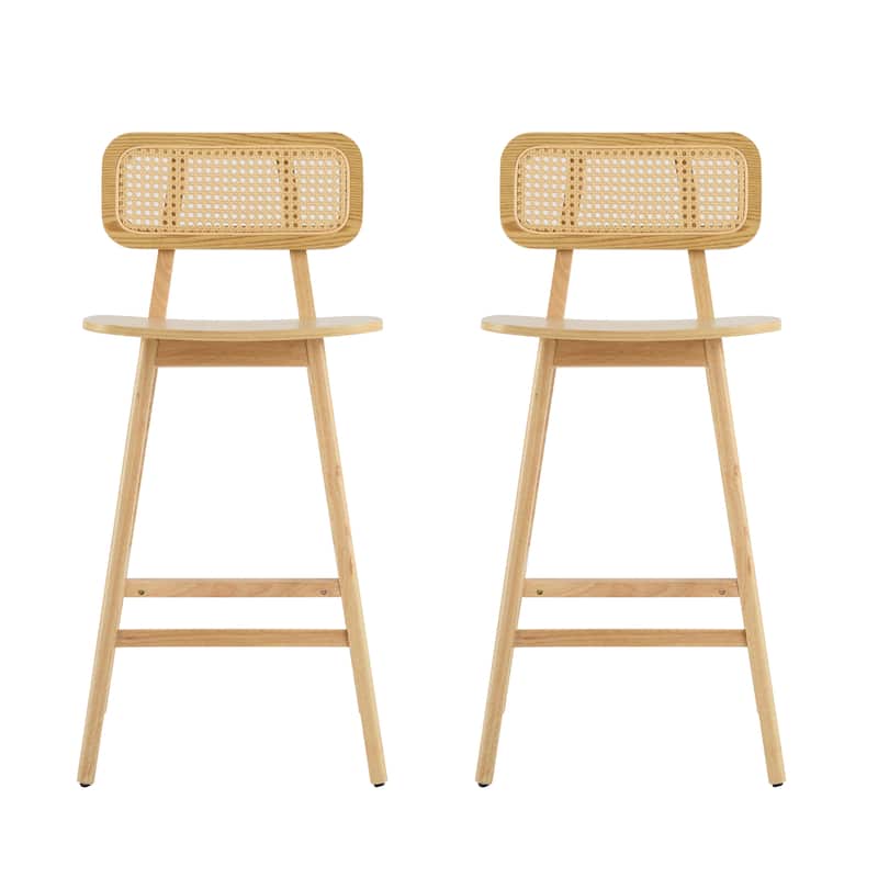 Natural Wood Bar Stools Set of 2 with Woven Rattan Backrest