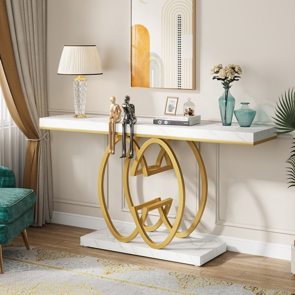 55 Inch Faux Marble Console Table Gold Sofa Table for Entryway On