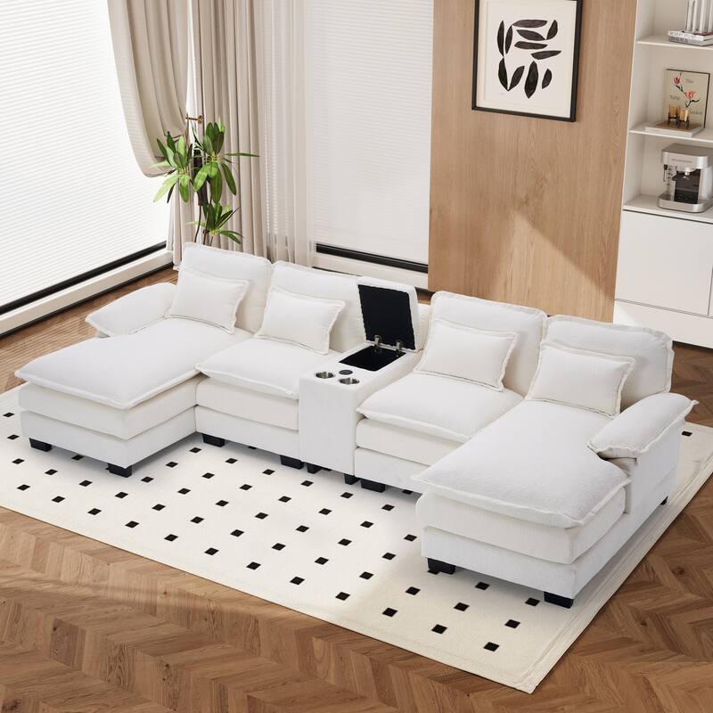U-shaped Sectional Sofa Chenille Fabric Doudle Layer Cushion with USB Central Console - White