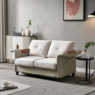 Linen Fabric Faux Leather Loveseats Sofa Living Room Folding Armrest ...