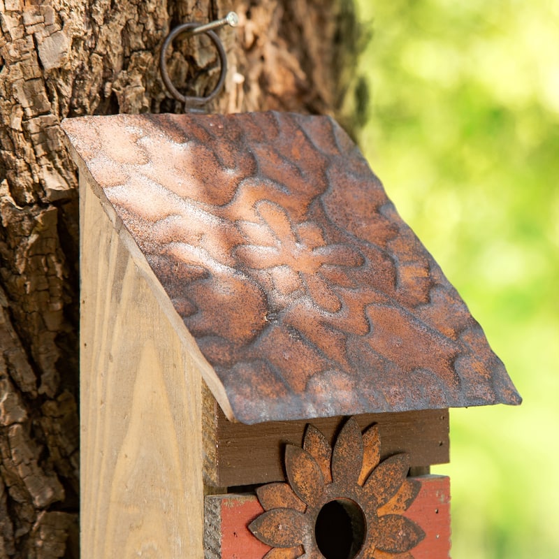 Glitzhome 14.5"H Two-Tiered Distressed Solid Wood Cottage Birdhouse with Flowers - 14.5"