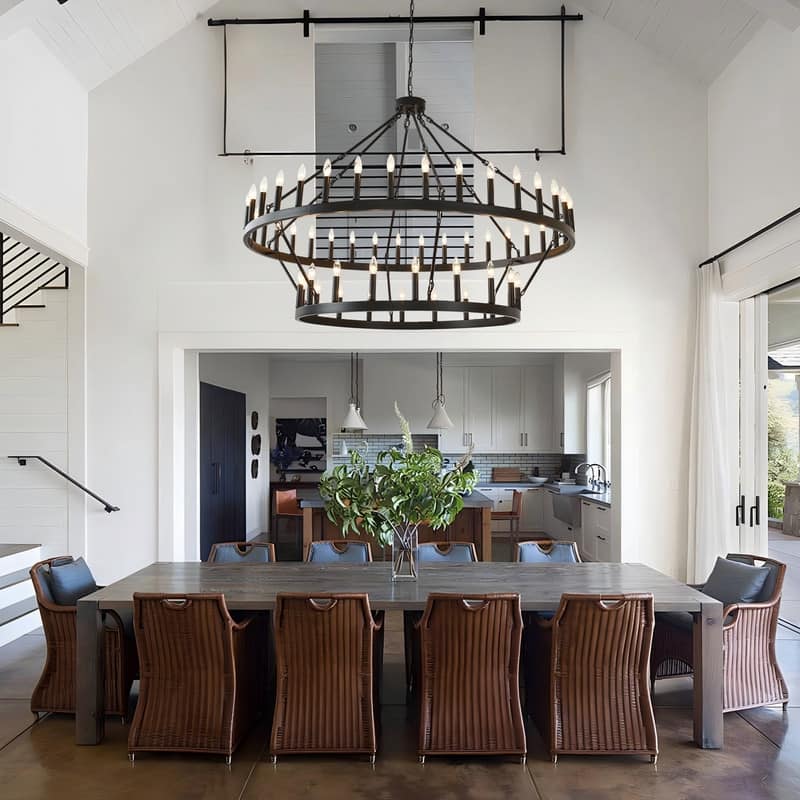 60-Inch Black Extra Large Wagon Wheel Chandelier, 2 Tier 54-Light Farmhouse Round High Ceiling Pendant Light - 60