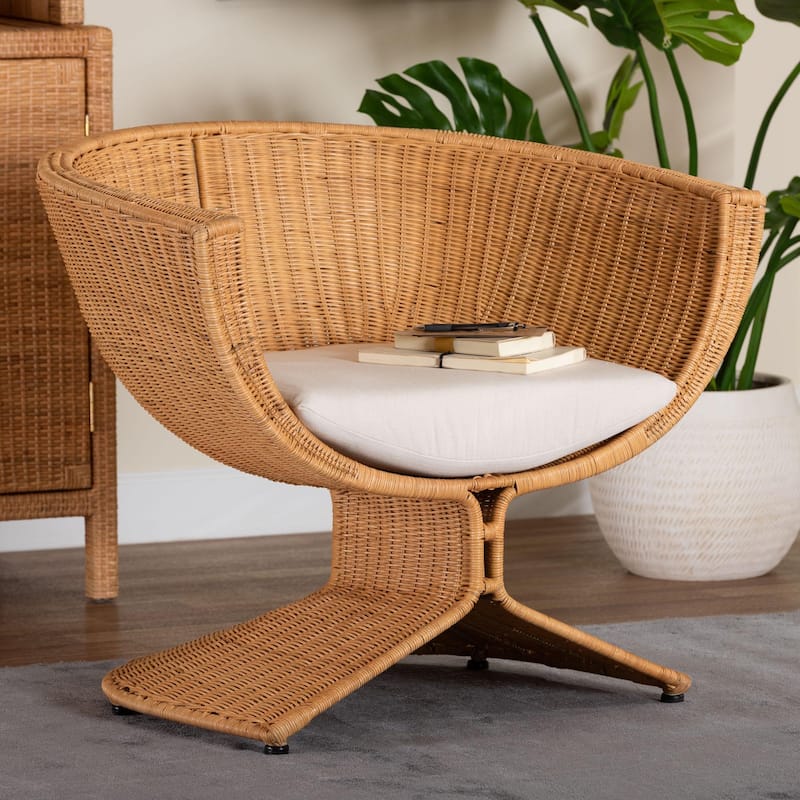 Reya Natural Rattan Lounge Chair - Handwoven Wicker Accent Seating with Pedestal Base for Modern Boho Spaces