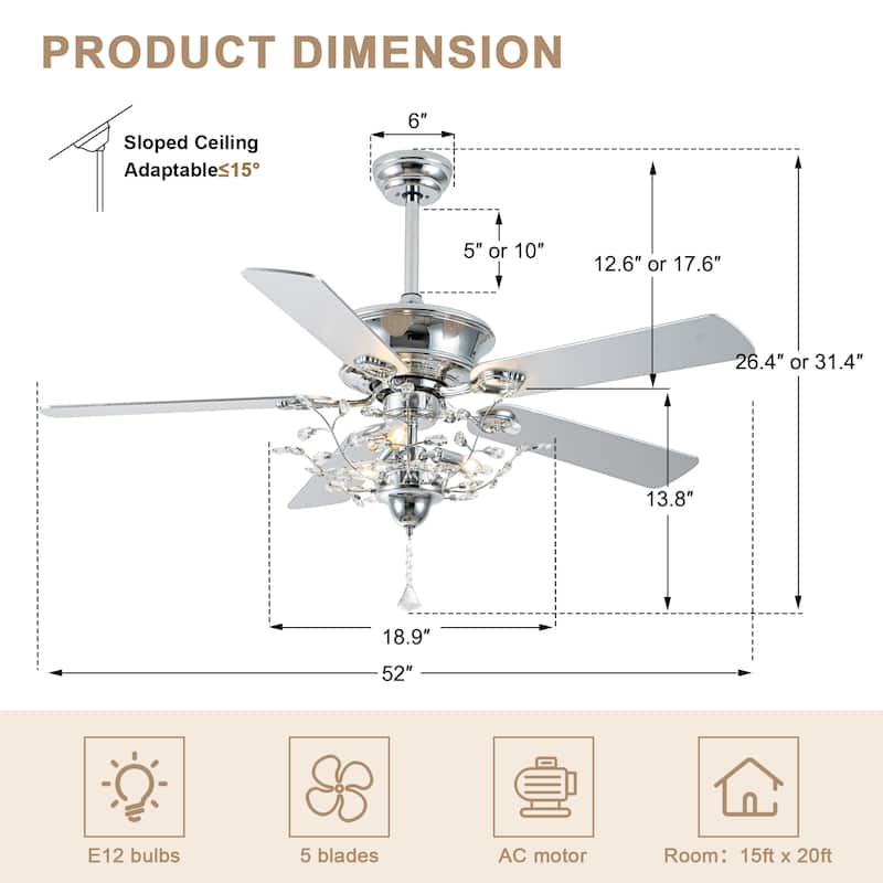 Bella Depot 52-inch Modern Crystal Ceiling Fan with Light Kit and Remote, 6-Speed Reversible Fandelier - 52"
