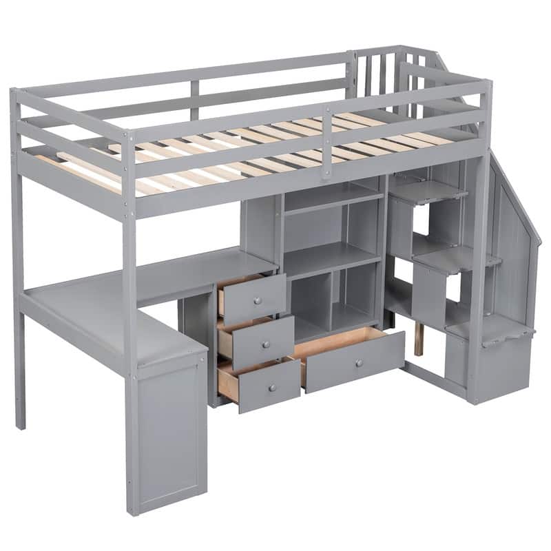 Multifunctional Wood Twin Size Loft Bed with L-Shaped Desk and Storage Staircase, Loft Bed Frame with Cabinet and Drawers