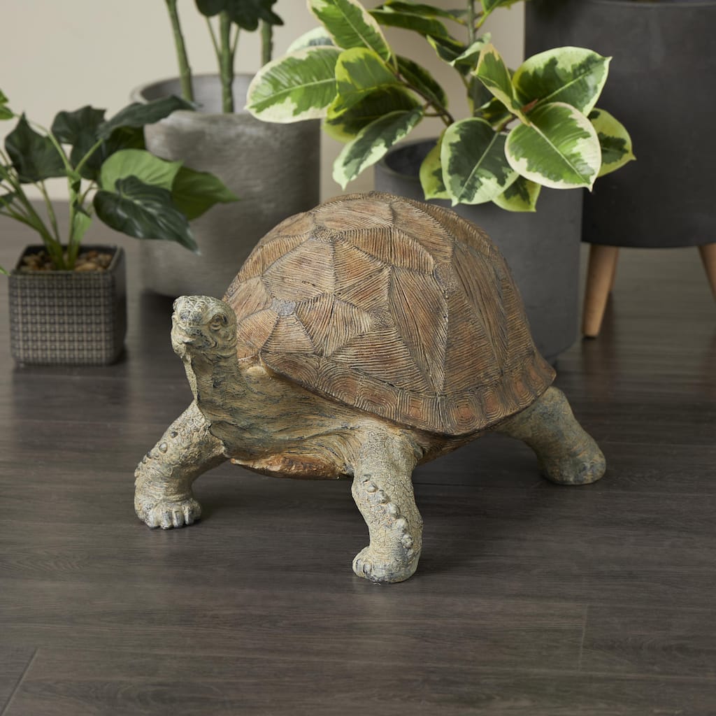 Brown Resin Distressed Textured Turtle Indoor Outdoor Garden Sculpture with Patterned Shell