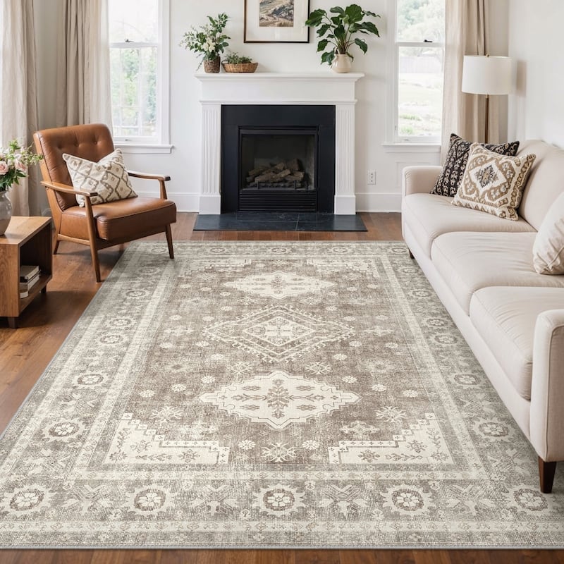 Mcow Sage Green Boho Pattern Ultra-Thin Low-Pile Washable Non-Slip Area Rug