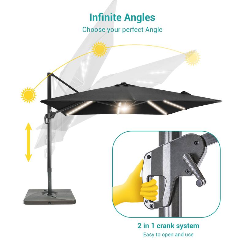BONOSUKI 10x10FT LED Cantilever Patio Umbrella Angle Adjustment w/Base