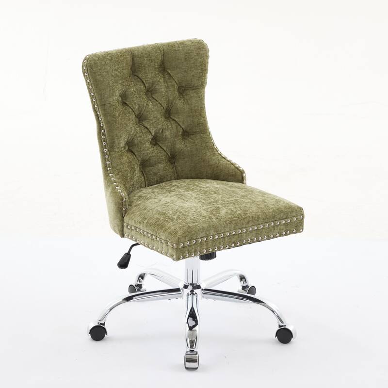 Chenille Upholstered Swivel Office Chair, Tufted Button Home Office Chair, Adjustable Vanity Chair with Metal Base