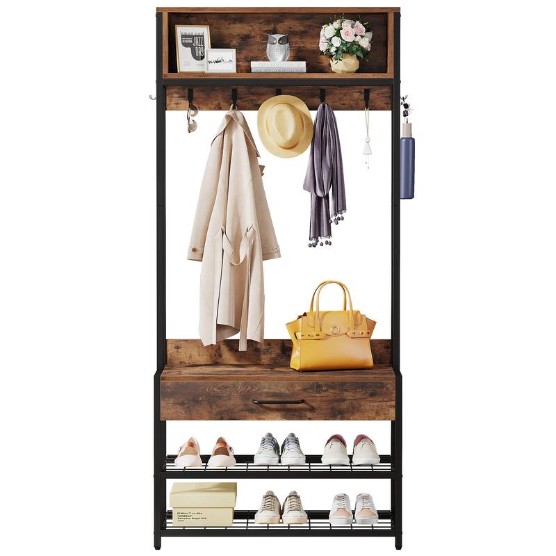 3in1 Hall Tree, Vintage Industrial Entryway Coat Rack with Shoe Bench