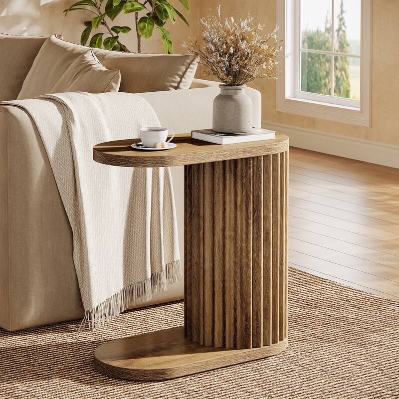 Fluted C-Shaped End Table, Modern Narrow Side Table with Oval Top - Brown