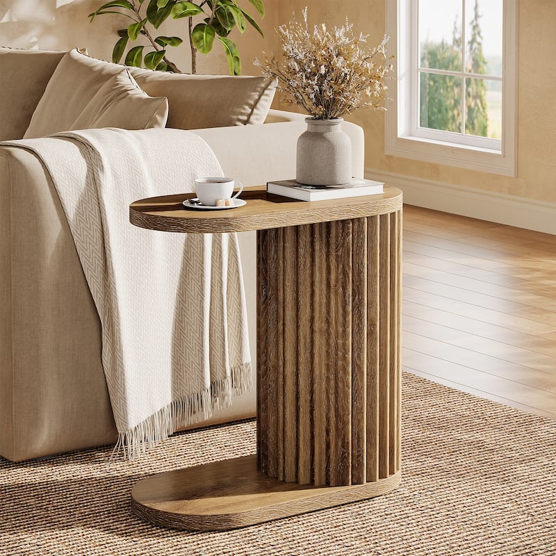 Modern C-Shaped End Table, Fluted Narrow Side Table