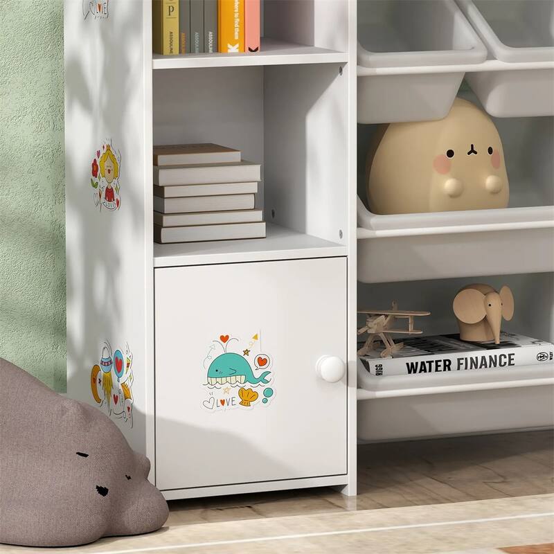 White Kids Storage Shelf with Bins, Bookcase and Cupboard for Organized Playroom - 55.1" L x 11.8" W x 35.4" H