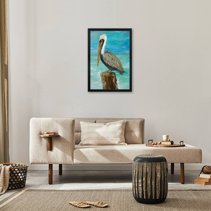 Single Pelican on Post Premium Framed Poster by Julie Derice