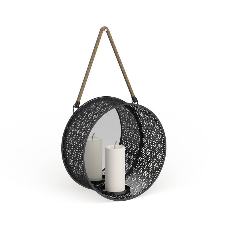 Danya B Round Mirror Pillar Candle Sconce with Fil - Black