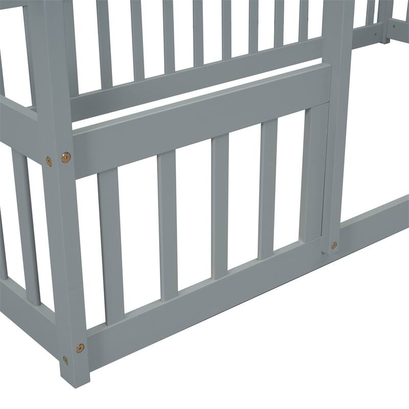 Twin Size Wood House Floor Bed with Fence and Guardrails
