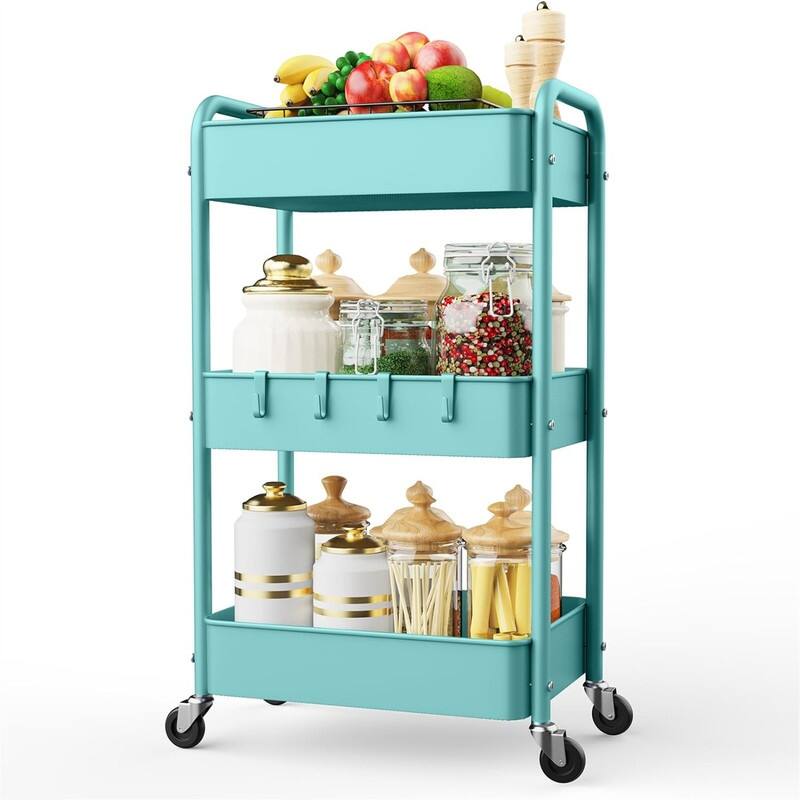 3 Tier Rolling Storage Cart Metal Trolley Utility Cart with Wheels - 15.7"D x 7.1"W x 35.9"H - Lake Blue