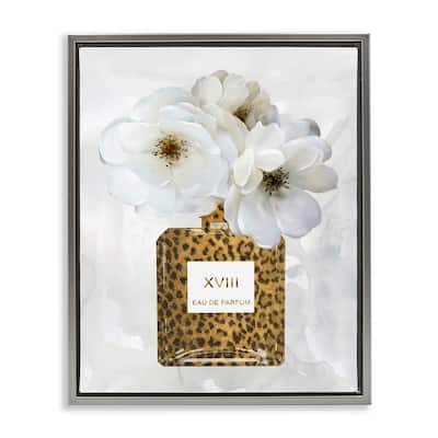 Stupell Leopard Print Perfume Bottle Glam White Spring Florals Floater Frame