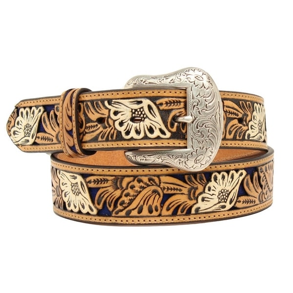 Nocona Western Belt Mens Leather Embossed Floral Blue Tan