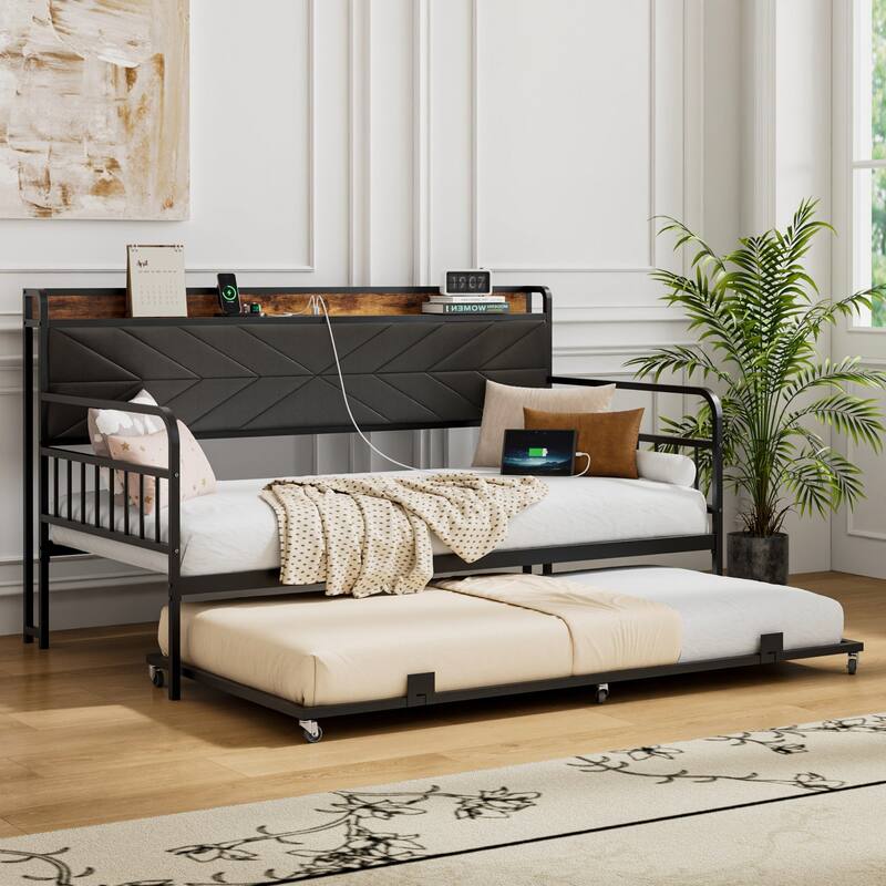 Javlergo Black Metal Daybed with USB Charging Pull-Out Trundle PU Leather Storage Headboard Space-Saving Sleeper Sofa Bed - Black - Twin