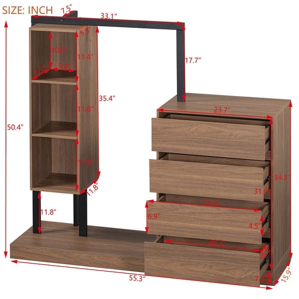 dimension image slide 1 of 3, Modern Wardrobe Closet with Drawers Shelves and Cabinets Storage Organizer - 55.30"L