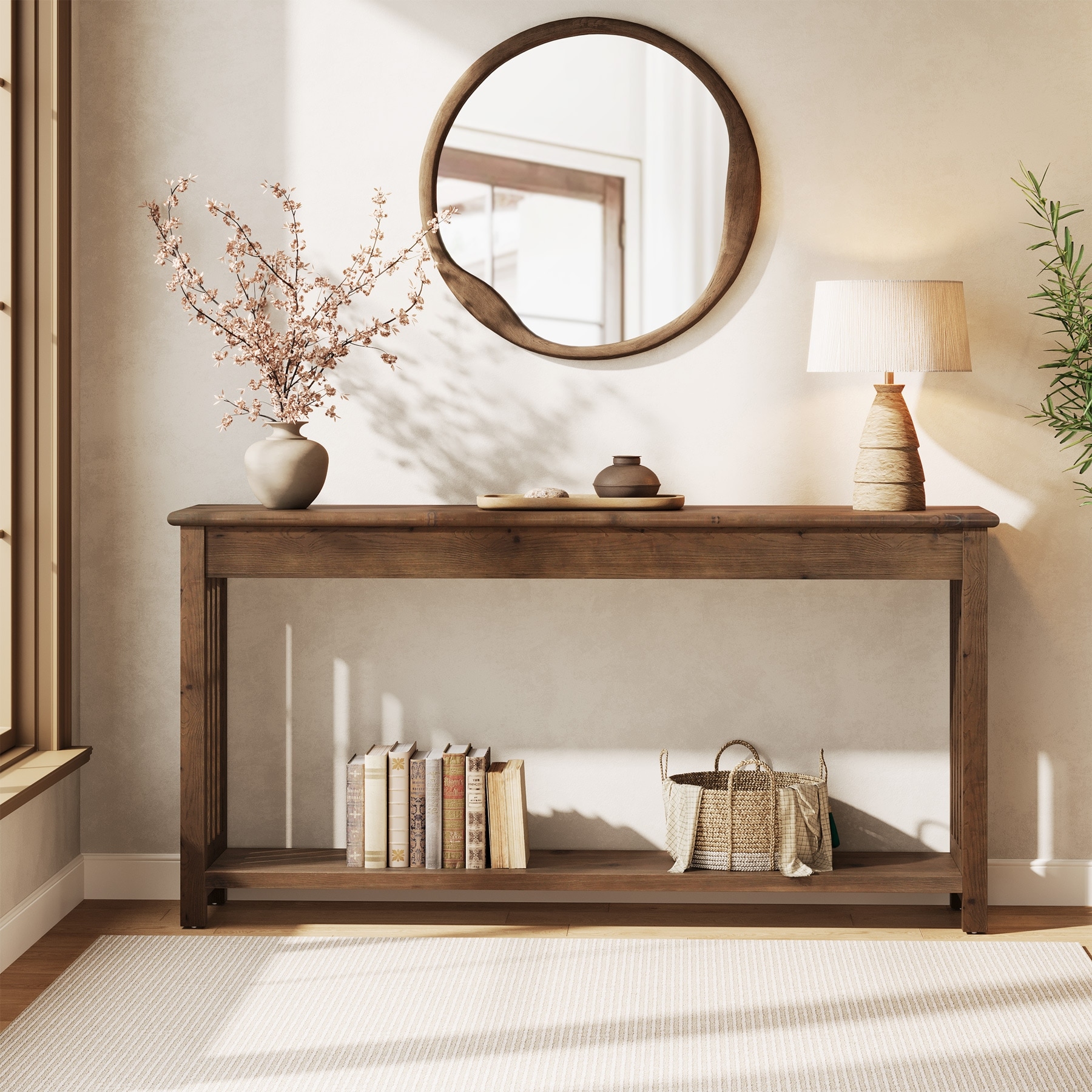 63-Inch Console Table with 2-Tier Storage, Farmhouse Entryway Table