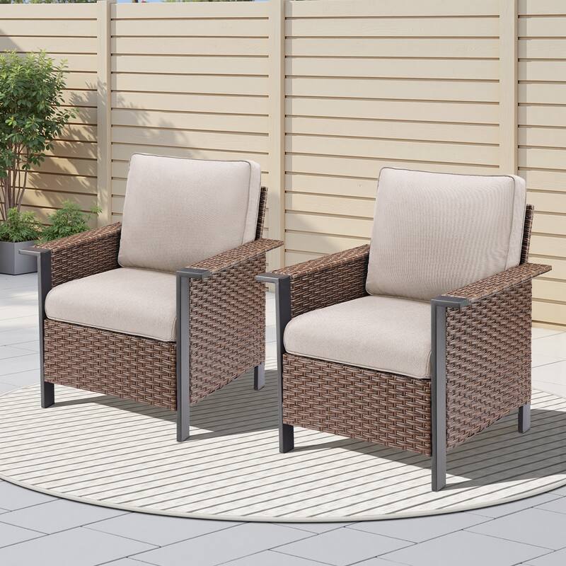 Pocassy Outdoor Wicker Sofa Glider Chair with Ottoman Set - Brown Wicker Beige Cushion - 2-Piece Patio Chair with Cushion