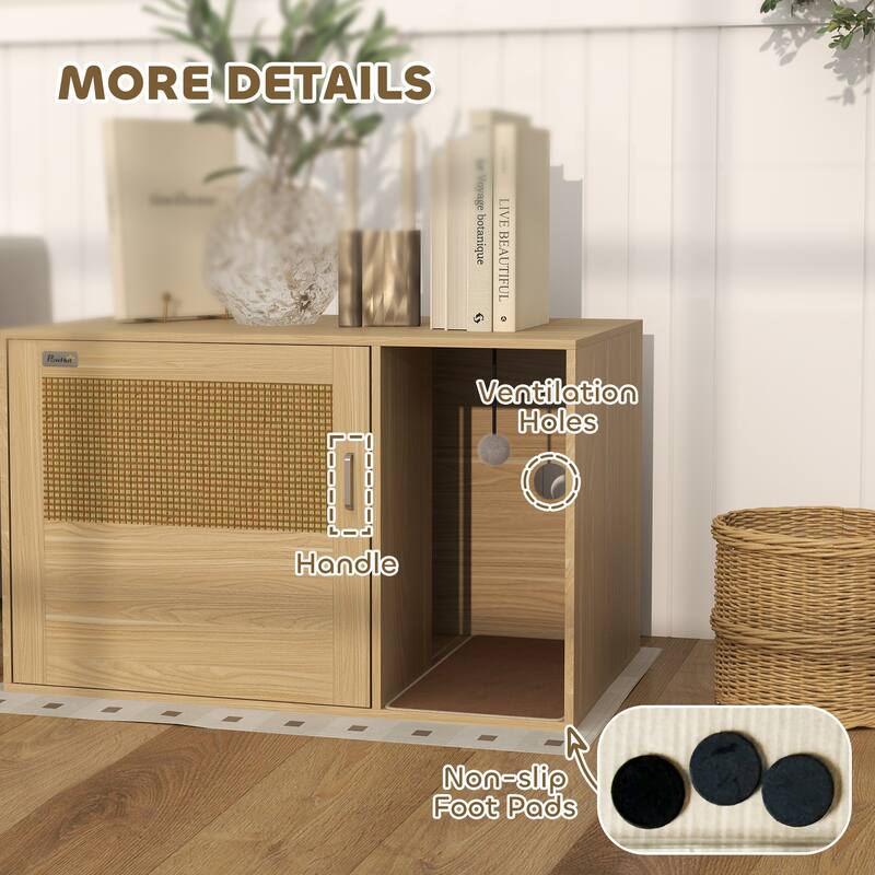 PawHut Cat Litter Box Enclosure with Rattan Door, Hidden Litter Box Furniture Hidden with Scratching Mat, Oak