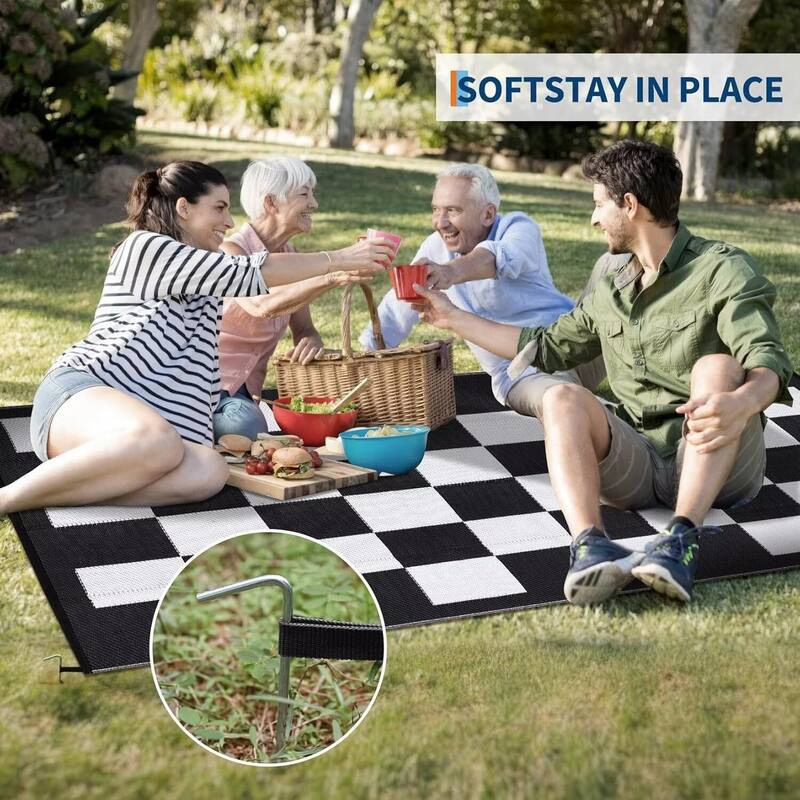 Outdoor Rug Checkerboard Geometric Plaid Pattern, Waterproof Plastic Straw Rug, UV Resistant Foldable Outdoor Rug