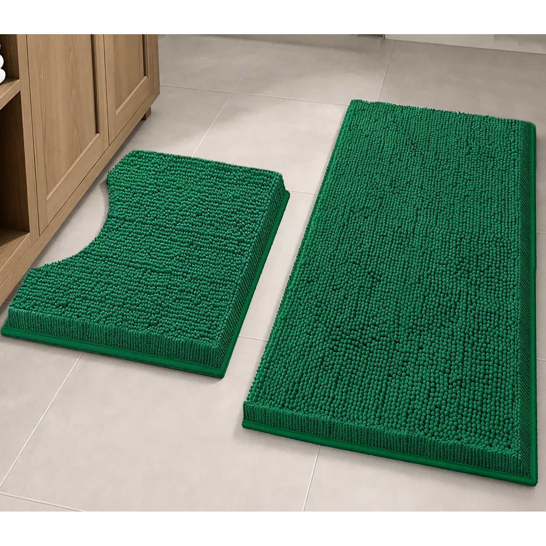 Large 2 Piece Set Hunter Green Soft Cozy Plush Chenille Bath Mat Bathroom Rug