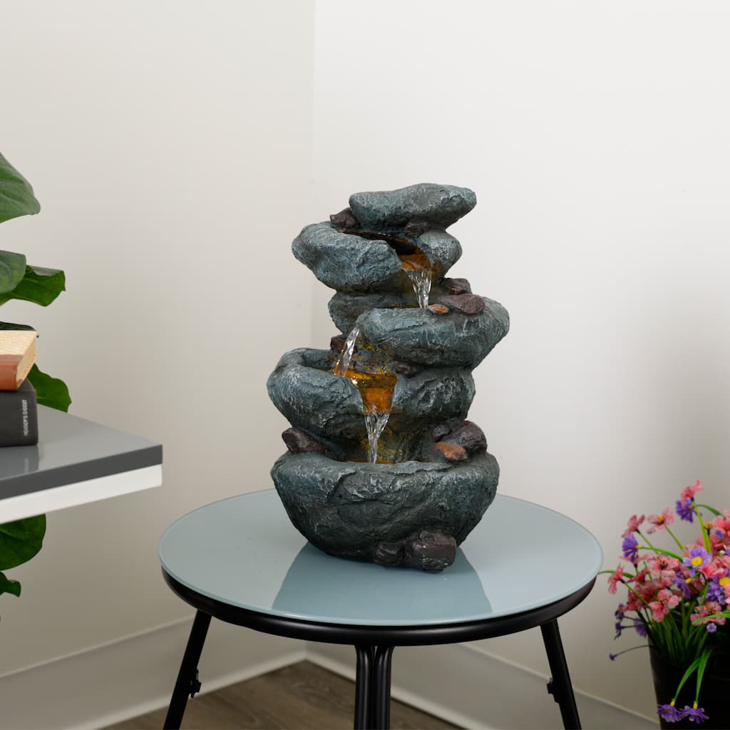 Alpine Corporation TZL418 14" 3 Tier Rock Fountain with LED Lights - Indoor Decor for Home, Office, and Desk, Grey