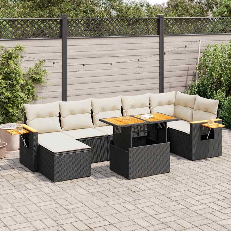 vidaXL Patio Sofa Set with Cushions Modular Lounge Set 8 Piece Poly Rattan - Black and cream with storage - 113.8 x 69.7 x 35.0 in