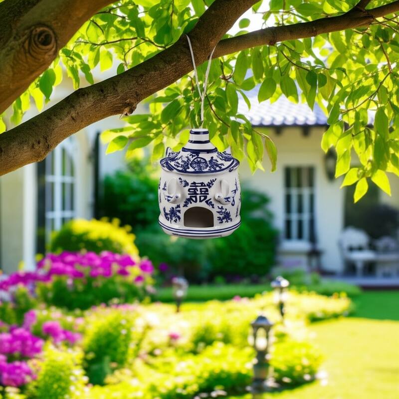 Ceramic Birdhouse Chinoiserie Floral Design Home and Garden Decor - 8" White - 7" x 7" x 8"